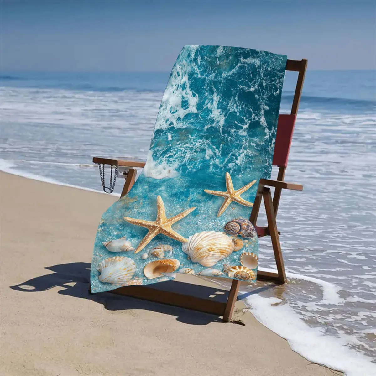 Ocean Waves & Seashells Print Beach Towel: Embrace the Coastal Charm and Soft Absorbency for Your Relaxing Days