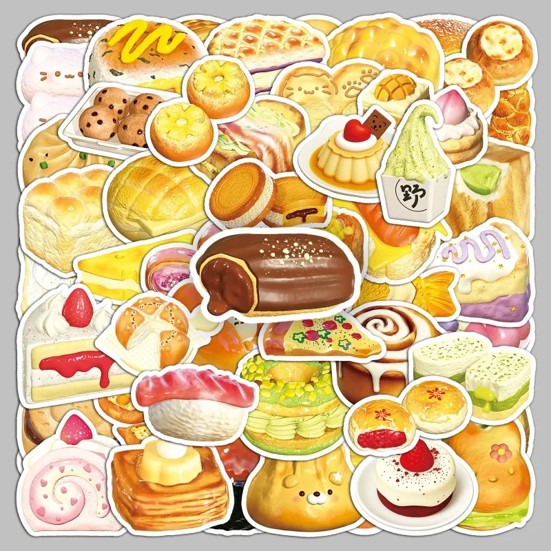 50 Stück leckere Snack-Kuchen-Dessert-Cartoon-Aufkleber, niedliche Dekorationen für Notizbücher, Milchteebecher, können geklebt werden.