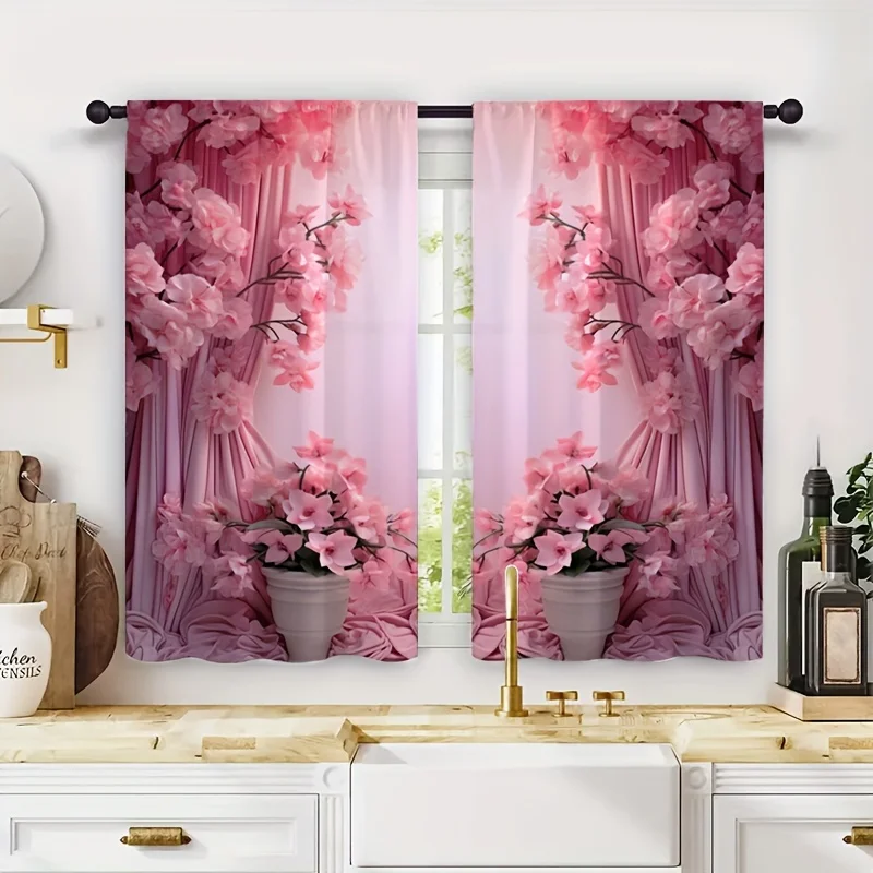 2pcs Pink Flower Printed Curtain Crystal Wind Chimes For Living Room Study Bedroom Dining Room Background Curtain Home Decor