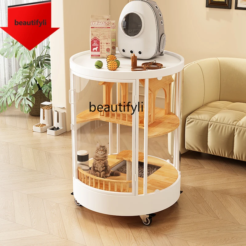 

02A Панорамная клетка для кошек для домашних животных, комнатный шкаф для кошек со встроенным туалетом, круглый кошачий домик