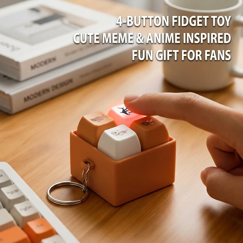 Shan Hai Jing Wooden Man Keychain, 4-Button Stress Relief Fidget Clicker Toy, Cute Meme Anime Accessory for Anxiety Relief