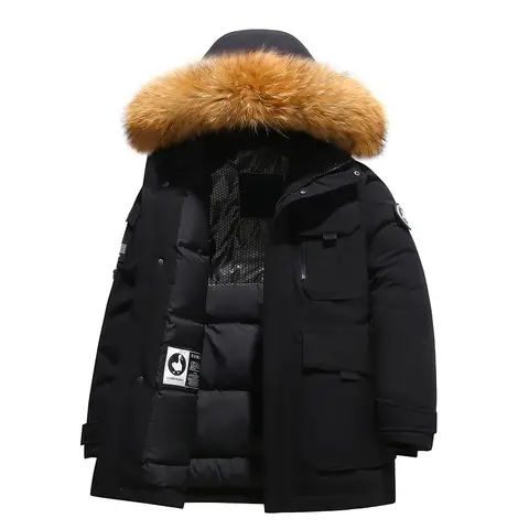 Winter Down Jacket 2024 Mens Lined White Duck Down Hooded Fur Collar Jacket Casual Fashion Thick Warm Embroidered Design Parka
