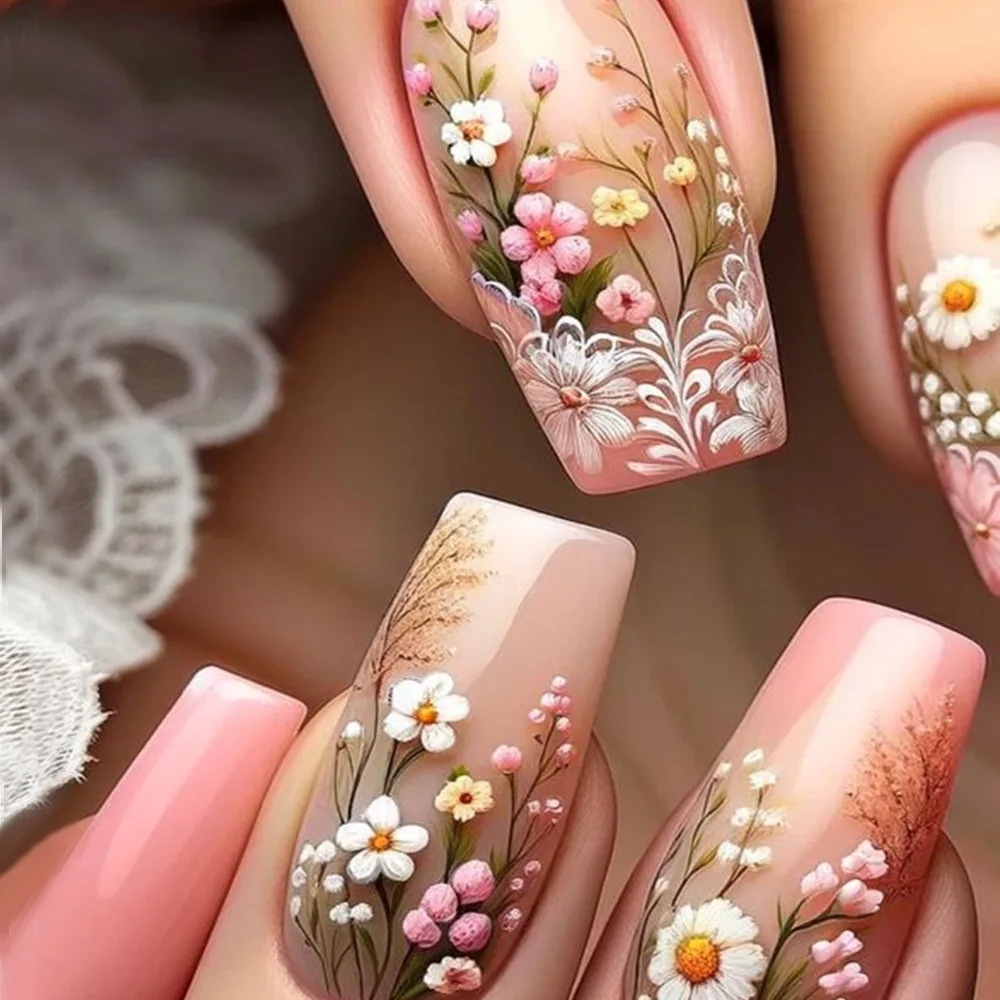 24pcs Mini Flower Press on Nails with Glue Painting Floral Acrylic Fake Nails Spring Design Short Square False Nails for Girls