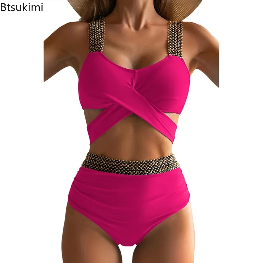 Women Solid Color Sexy Split Swimsuit Cross High Waist Backless Swimsuit Summer Flash Splicing Bikini Set Two-piece Beach Outfit