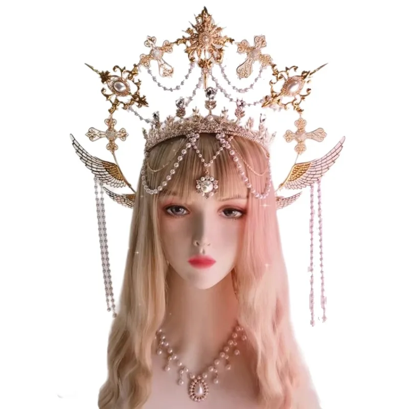 

Halo Headwear Gothic Style Lolita Angel Wings Goddess Sun Virgin Mary Spiked Pearl Pendant Golden KC Halo Crown Hair Accessories