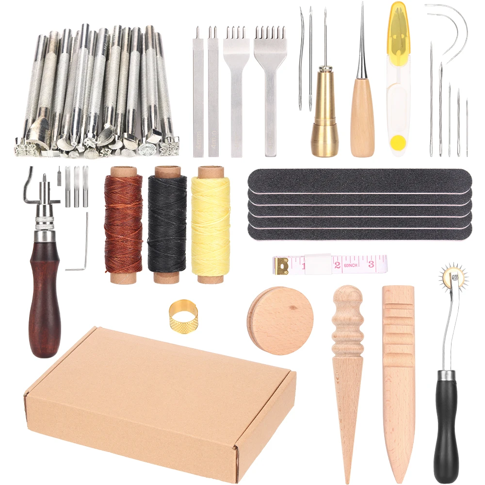 QJH Professional Handmade Leather Craft Tools Kit Thread Awl Waxed Thimble Kit For Hand Stitching Sewing Stamping DIY Tool Set