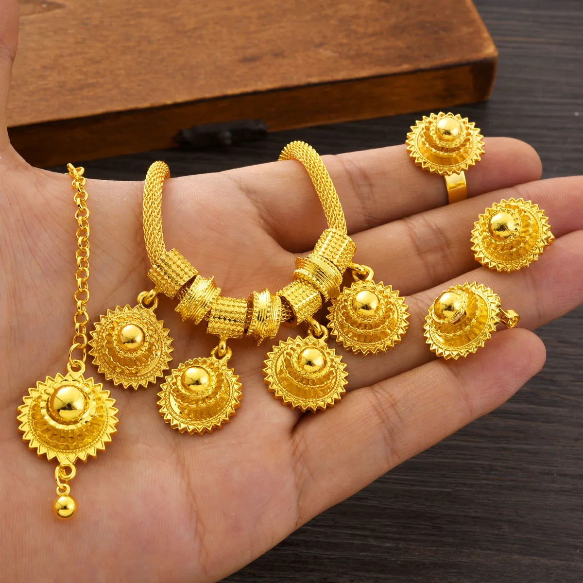 Ethiopian Jewelry sets Four Pendant Earrings Ring Head Chain 4-Piece Sets African Eritrean Wedding Engagement Ethnic Gifts #128
