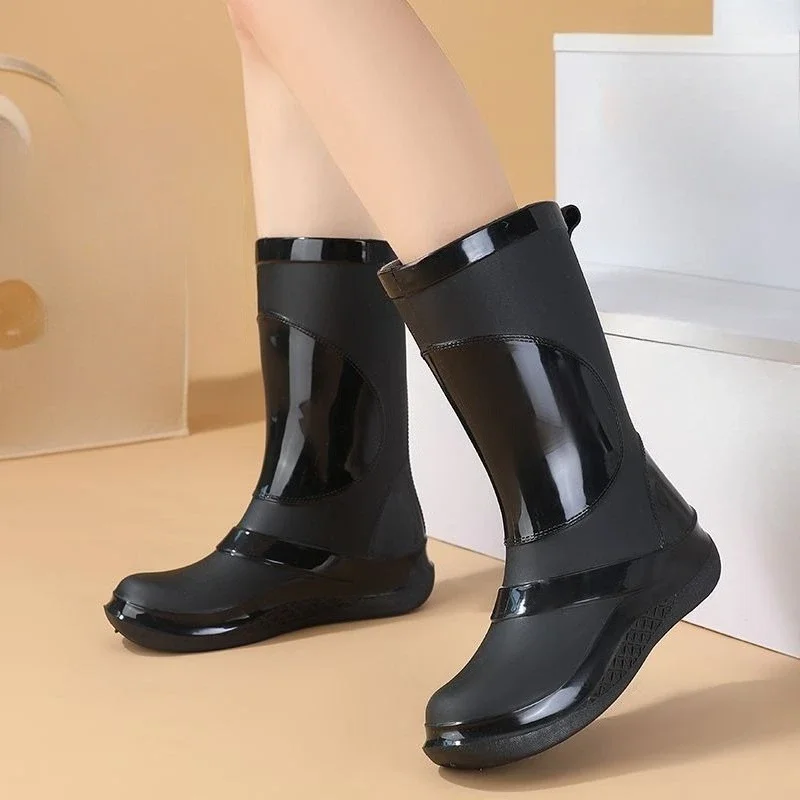 Women's Mid Calf Thickened Flat Rain Boots Korean Style Warm Odor Resistant Anti Slip Stylish for Car Washing Work