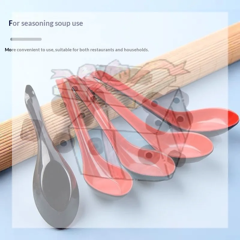 【CC】2pcs Japanese Style Melamine Red Black Soup Spoon Long Handle Simulated Ceramic Ramen Spoon Drop-resistant Heat-resistant