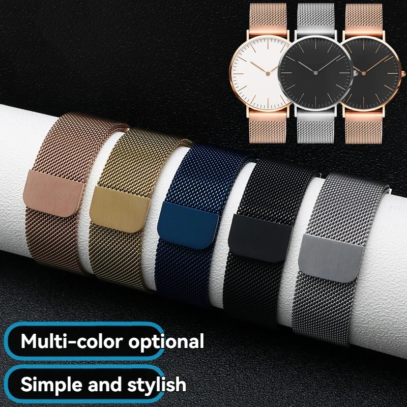 سوار ساعة شبكي ميلانيزي مغناطيسي للرجال والنساء، حزام من الفولاذ المقاوم للصدأ مقاس 12-23 مم باللون الفضي/الأسود/الذهبي، سوار سريع الفك