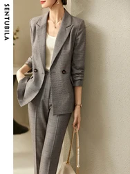 SENTUBILA Office Lady 2 Piece Suit Straight Plaid Long Shirt Sleeve Flat Ankle-Length Pants Solid 2 PCS Set for Women