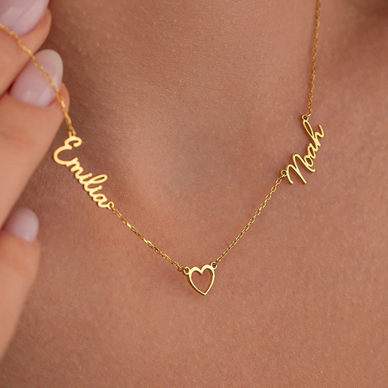 Custom Stainless Steel Double Name Heart Necklaces For Women Personalized Gold Color Letter Necklace Girl Jewelry Gift