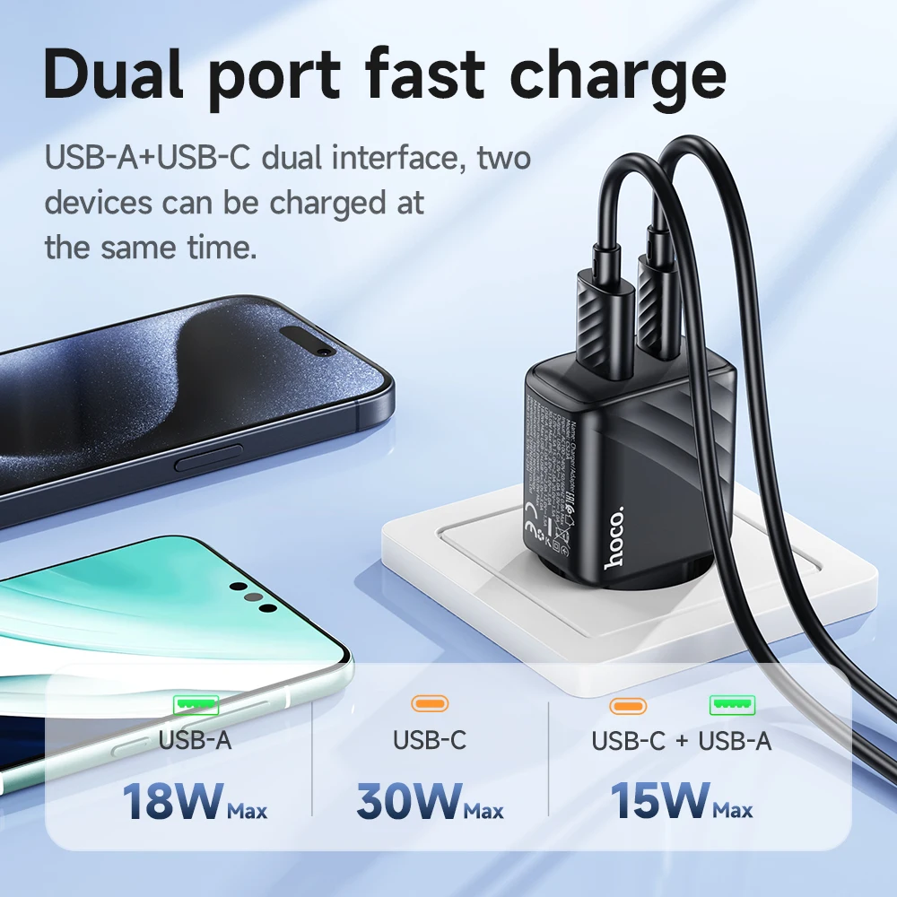 HOCO 30W Dual-port Charger Quick Charge 4.0 3.0 Type C PD USB C Charger For iPhone 16 Pro Max Xiaomi Huawei Samsung Fast Adapter