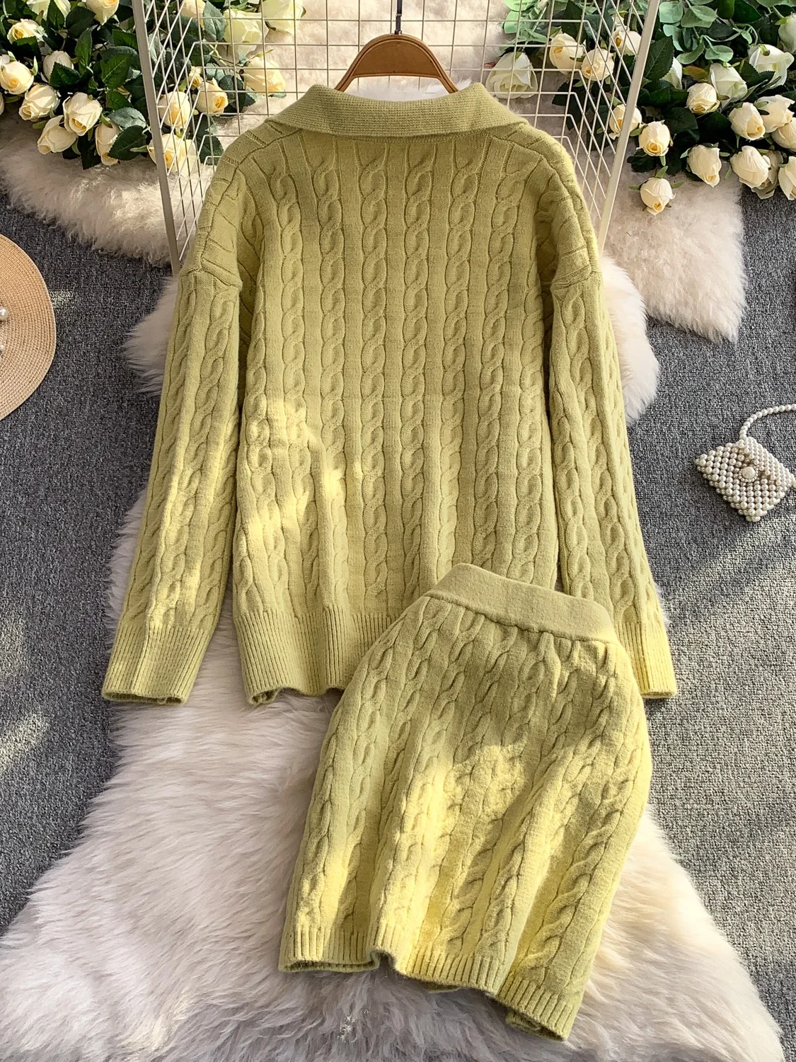 Autumn Winter Thiened Knitted Sweater Belted Slimming ort Skirt Two-Piece Set High Collar Twisted Design Faionable Ense...