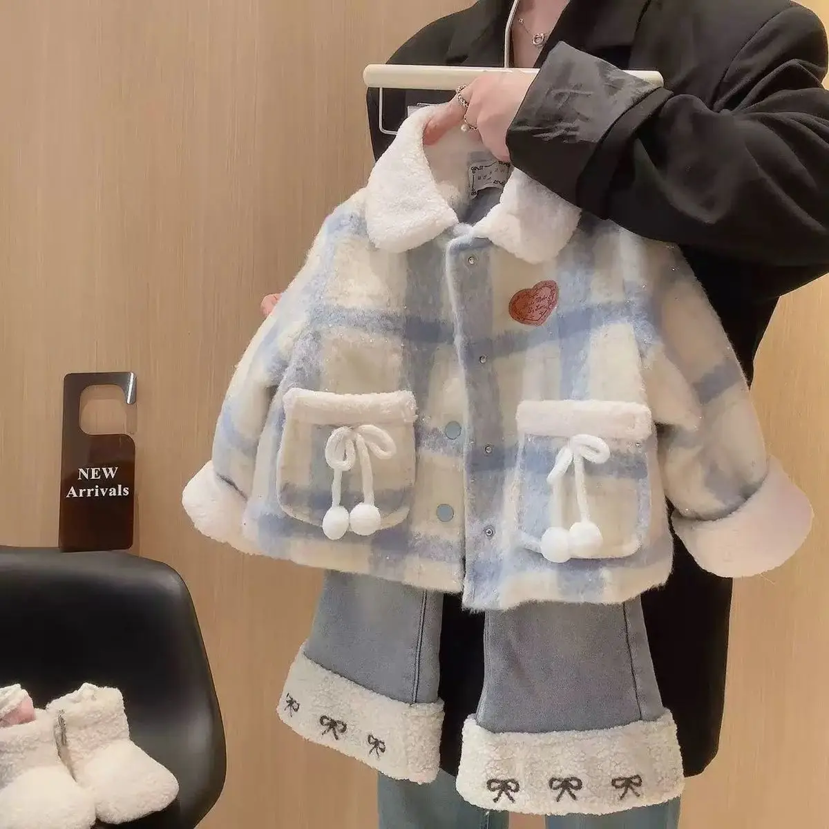 Baby Girl Winter Coat Kids Outfit Set Children's Stylish Cotton Jacket With Thick Flannel Jeans Two-piece Set