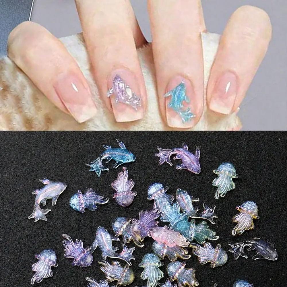 

24Pcs Ocean Theme 3D Resin Fish Jellyfish Charms Short Square Press On Nails