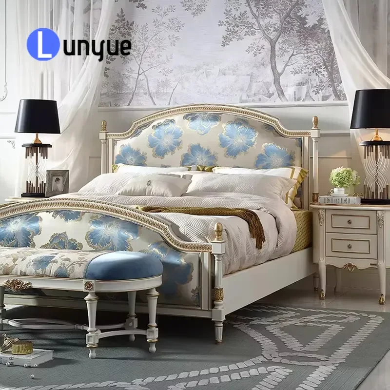 Luxury Classical French King Bed Solid Wood Frame Blue Floral Fabric Upholstered Bedroom Furniture Elegant Vintage Style Home