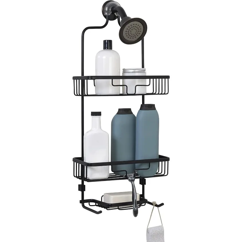 Hanging Shower Caddy with 2 Shelves, Soap Tray, Razor Holders and Hooks, Black – Rustproof Rack, No Drilling Premium Over Head