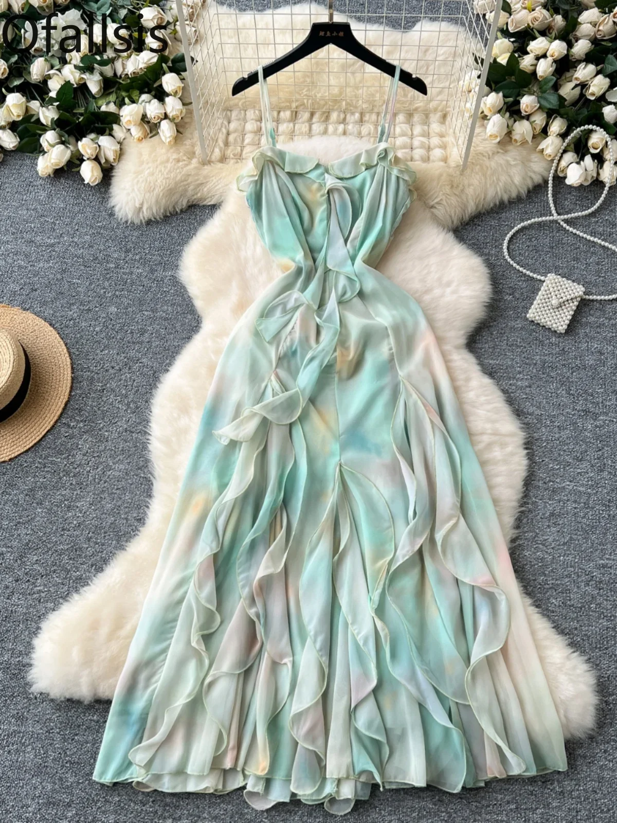 Ofallsis Green Seaside Vacation Dress Featuring Ruffled Edge Straps 2024 Summer New High Waist Slim French Chiffon Long Dresses