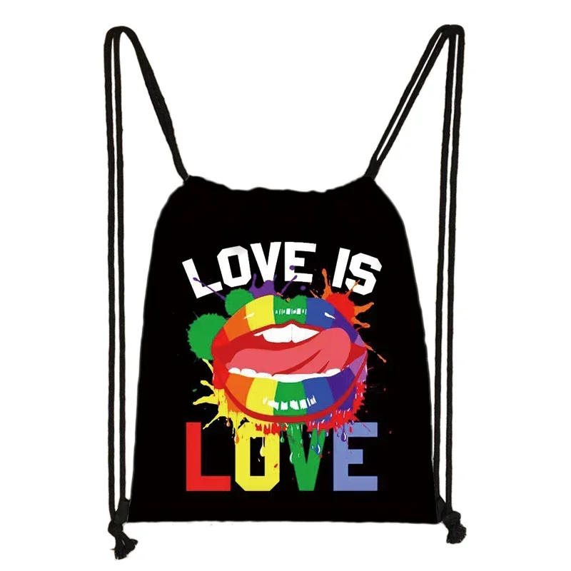 LGBT Rainbow Heart Pattern Backpack Lesbian Gay Pride Drawstring Bags for Travel Homosexual Fashion Rainbow Storage Bag Gift