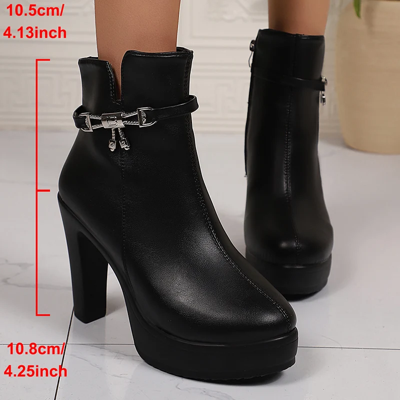 Metal Buckle Platform Ankle Boots for Women 2026 Autumn Black Pu Leather High Heel Short Boots Woman Plus Size 43 Party Shoes