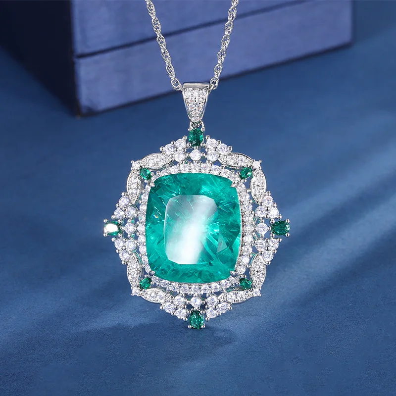 Sterling 925 Silver Elegant Green Zircon Geometric Pendant Necklace for Women Upscale Bride Wedding Party Trendy Jewelry Gift