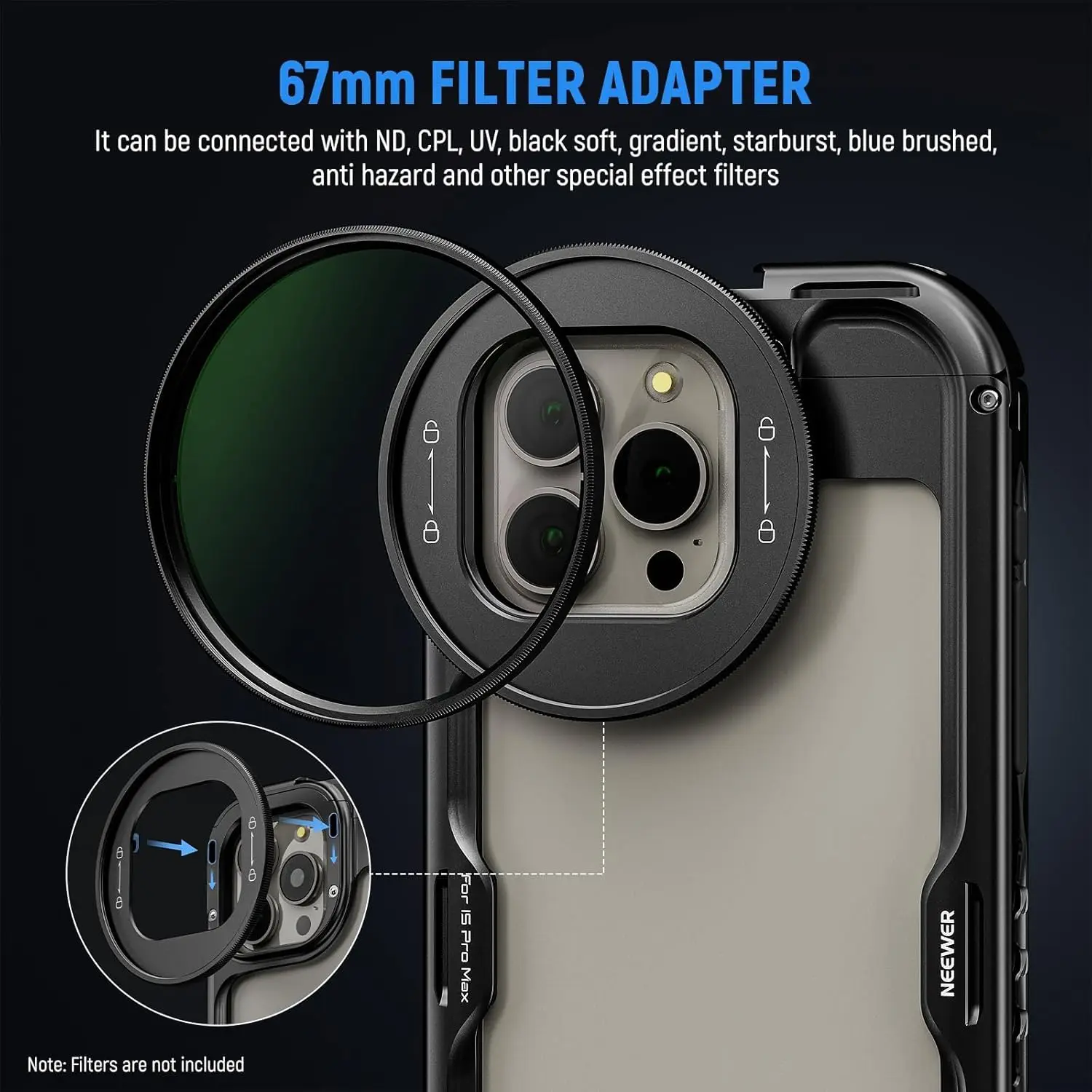 NEEWER Quick Release Cage Video Rig z mocowaniem T Mount, adapterem filtra 67mm, płytką tylną obiektywu 17mm do iPhone 16 Pro/16 Pro Max — zdjęcie produktu 5