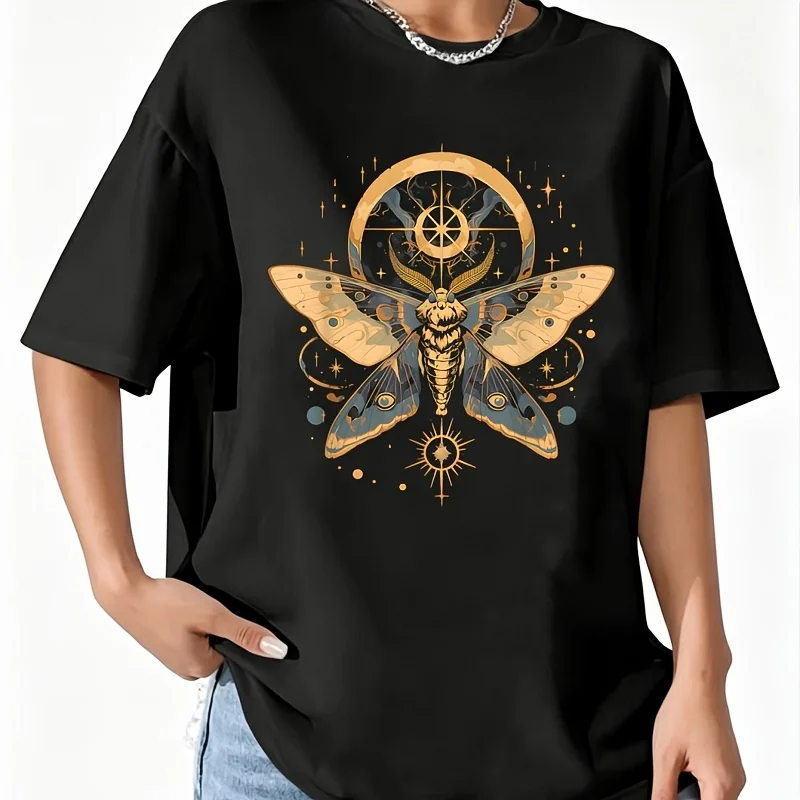 Wiccan Moth Pagan Witch Celestial Minimalist Wicca Crystal t Shirt Women's 100% Cotton T-Shirt Fun Print Short Sleeve Top Casual Round Neck Tee S-5Xl
