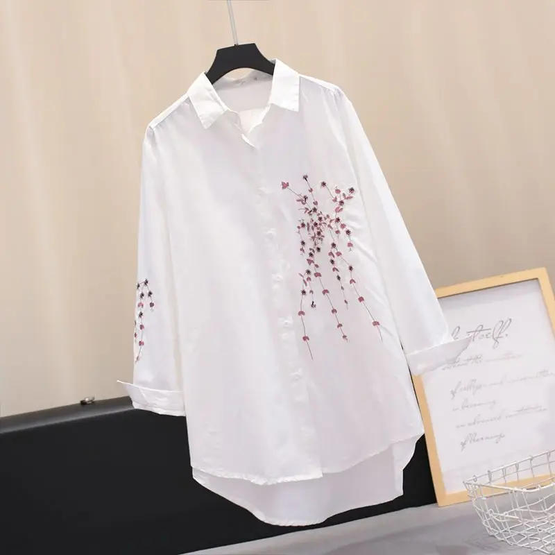 Fashion Lapel Loose Embroidery Irregular Shirt Female Clothing 2023 Autumn Winter Oversized Casual Tops Asymmetrical Blouse