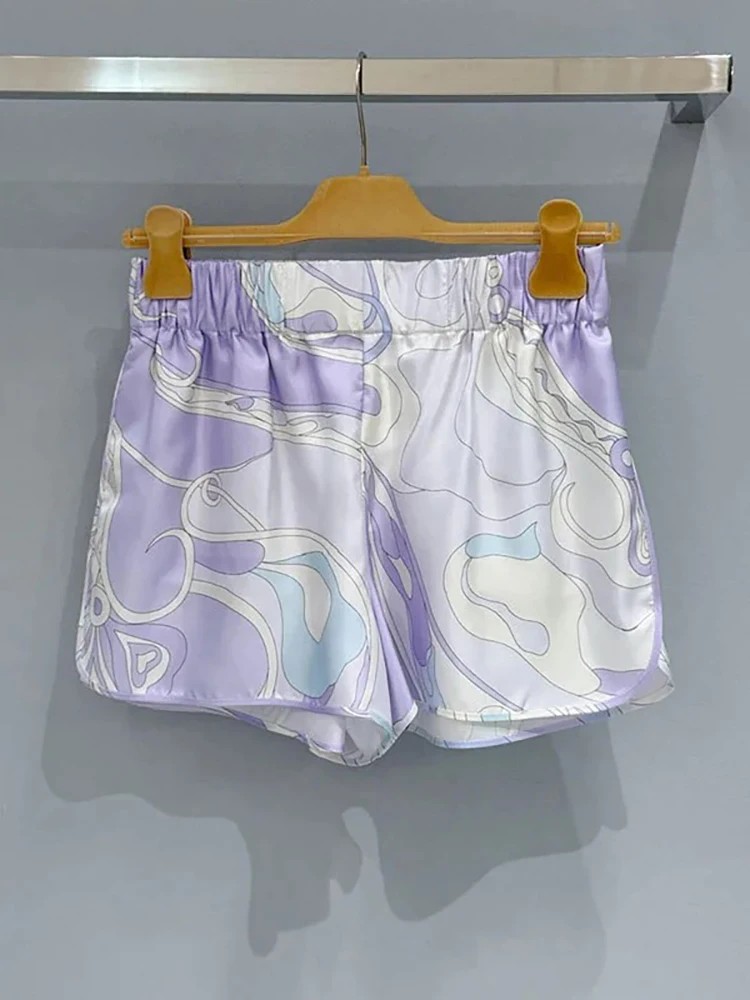 Summer Fashion Beach Resort Print Silk Shorts Women's Daily Casual Elastic Waist Slim Pants