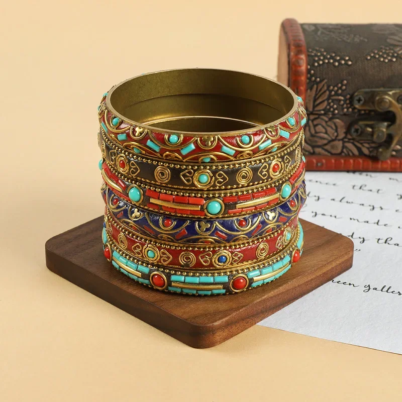 Vintage Tibetan Style Bangles for Women Men Inlaid Turquoise Jewelry Handmade Pure Copper Bracelets Exotic Ethnic Accessories