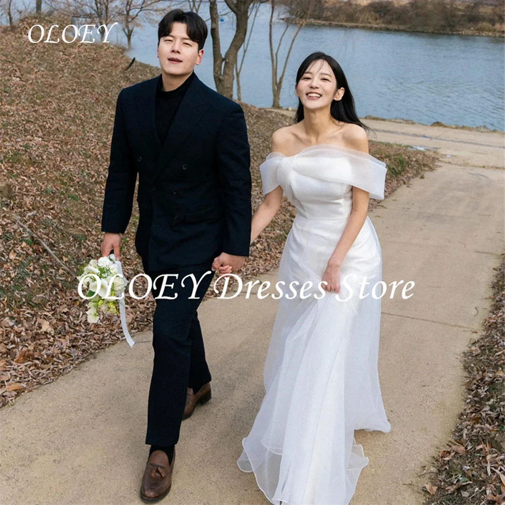 

OLOEY Simple Off Shoulder Sheath Korea Wedding Dress Photo Shoot Organza Backless Floor Bridal Gown Customized Bride Party Dres