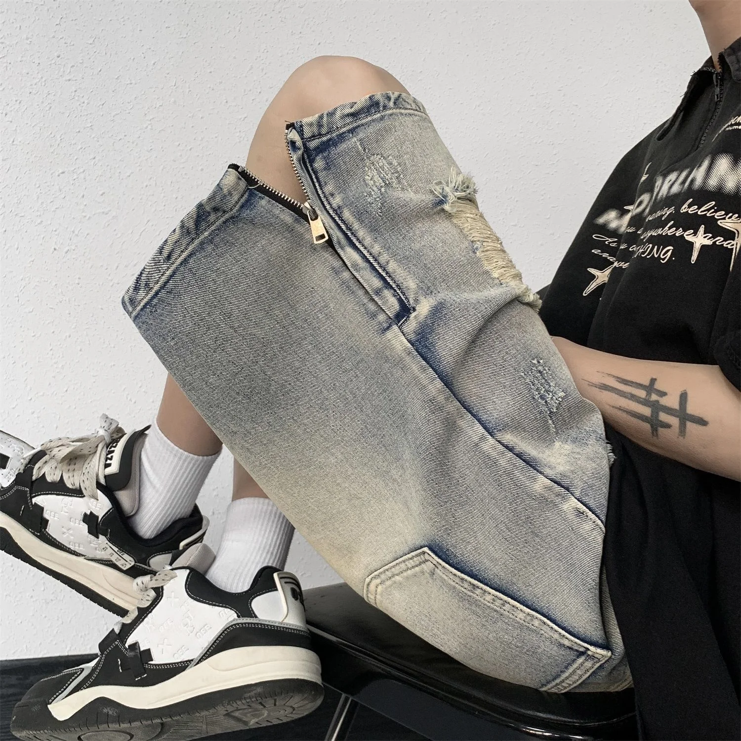 2023 Summer New Men's Ripped Short Jeans Streetwear Big Hole Fashion Vintage Blue Slim Denim Shorts Brand Clothes