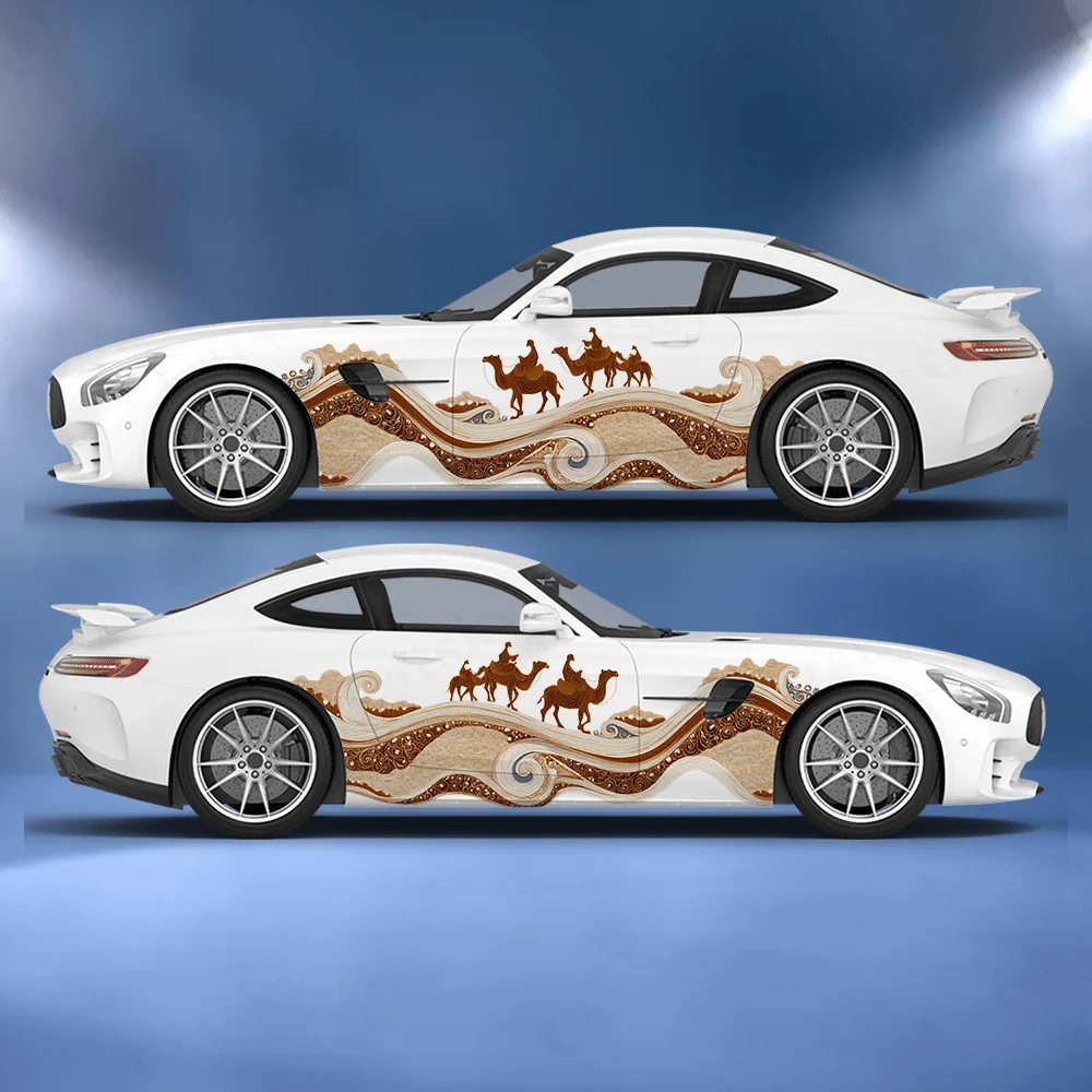 2PCS Silk line road with a person and camel decals full body floral decoration covering scratches protective car decal waterproo