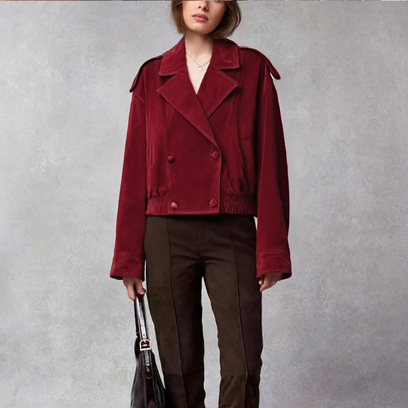 سترة نسائية جديدة على الطراز الأوروبي والأمريكي 2025 متعددة الاستخدامات بلون سادة من جلد الغزال #3