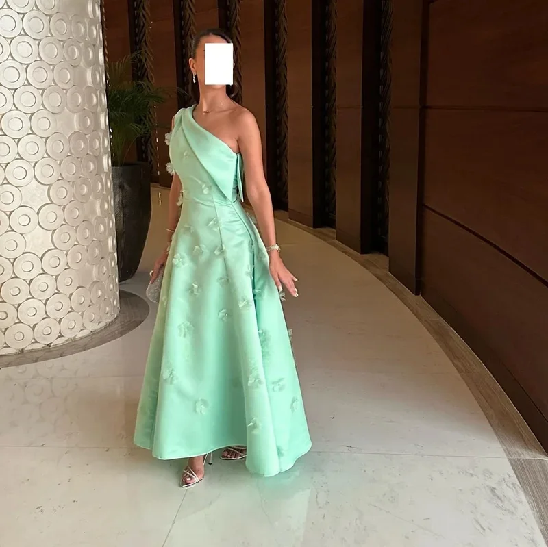 Customized Dubai Mordern One-Shoulder A-Line Prom Dresses Evening Dress Green Satin Long Women Evening Gowns Formal Party Dress