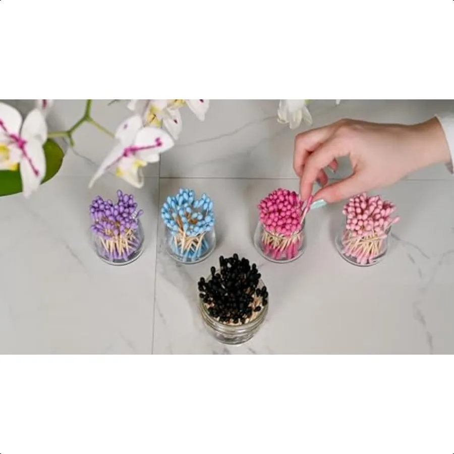 : 미적 면봉 스틱 귀 면봉 대나무 면봉 5가지 다채로운 색상의 면봉 200개입 핫핑크