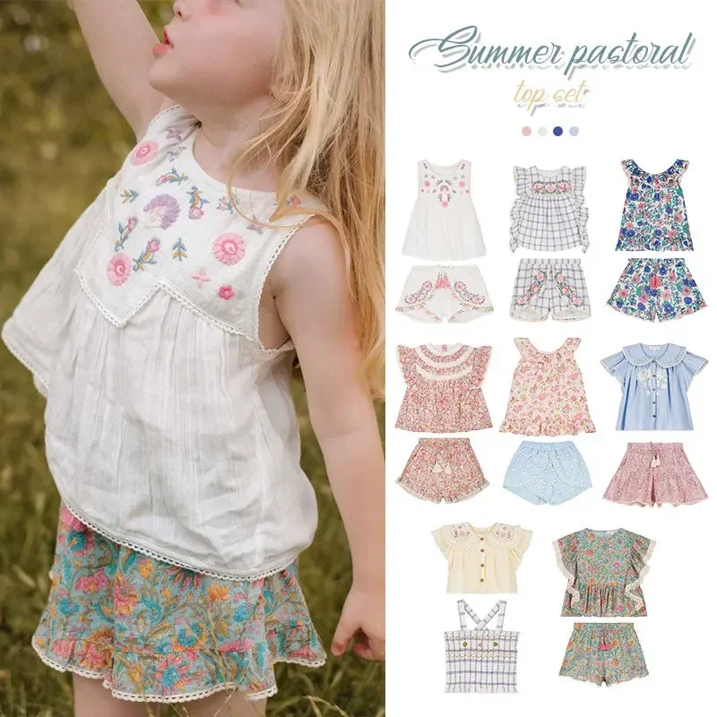 Conjunto de camisola y pantalones cortos sin mangas para niña, camisetas de verano, ropa de vacaciones Floral, Louise Misha, 2024