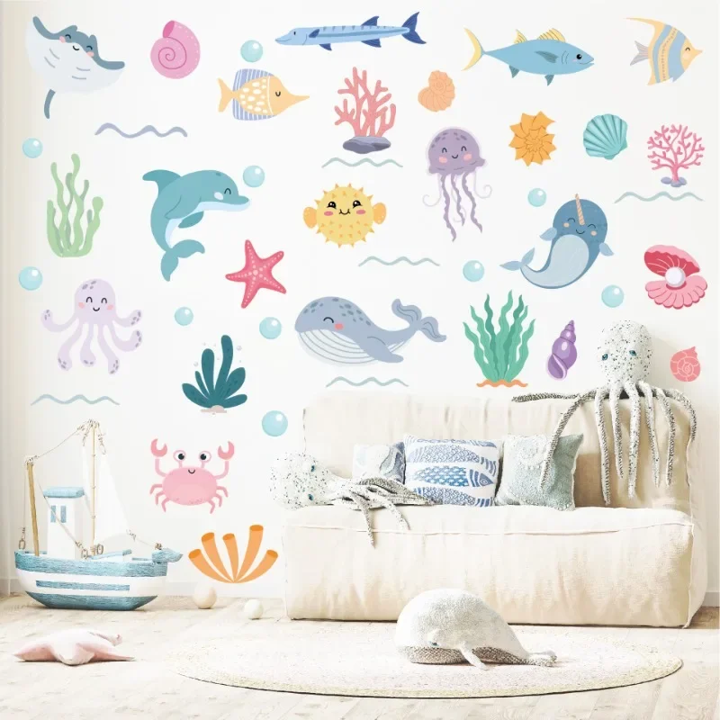 Marine Animal Wall Stickers Home Decor Children's Room Kindergarten Self-adhesive Cartoon Undersea Creature Bathtub Stickers