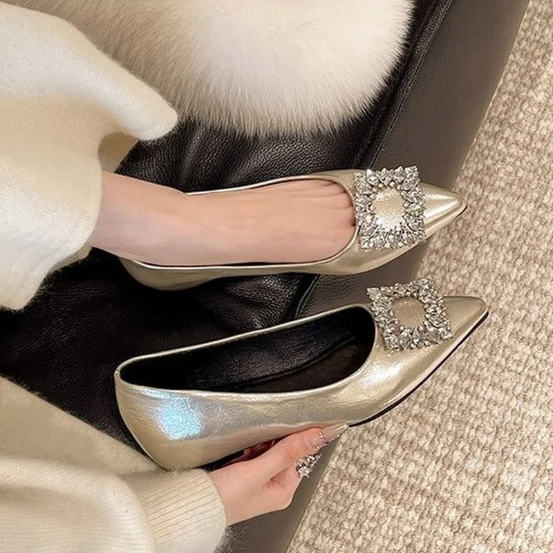 2026 New Deep-cut Pointed Toe Slip-on Flats Rhinestone Buckle Hidden Wedge Soft Sole Commute Office Wedding Party Elegant
