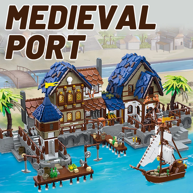 Street View Medieval Harbor Building Blocks Medieval Architecture House Assembly Model City Bricks With Lights Toys For Kid Gift