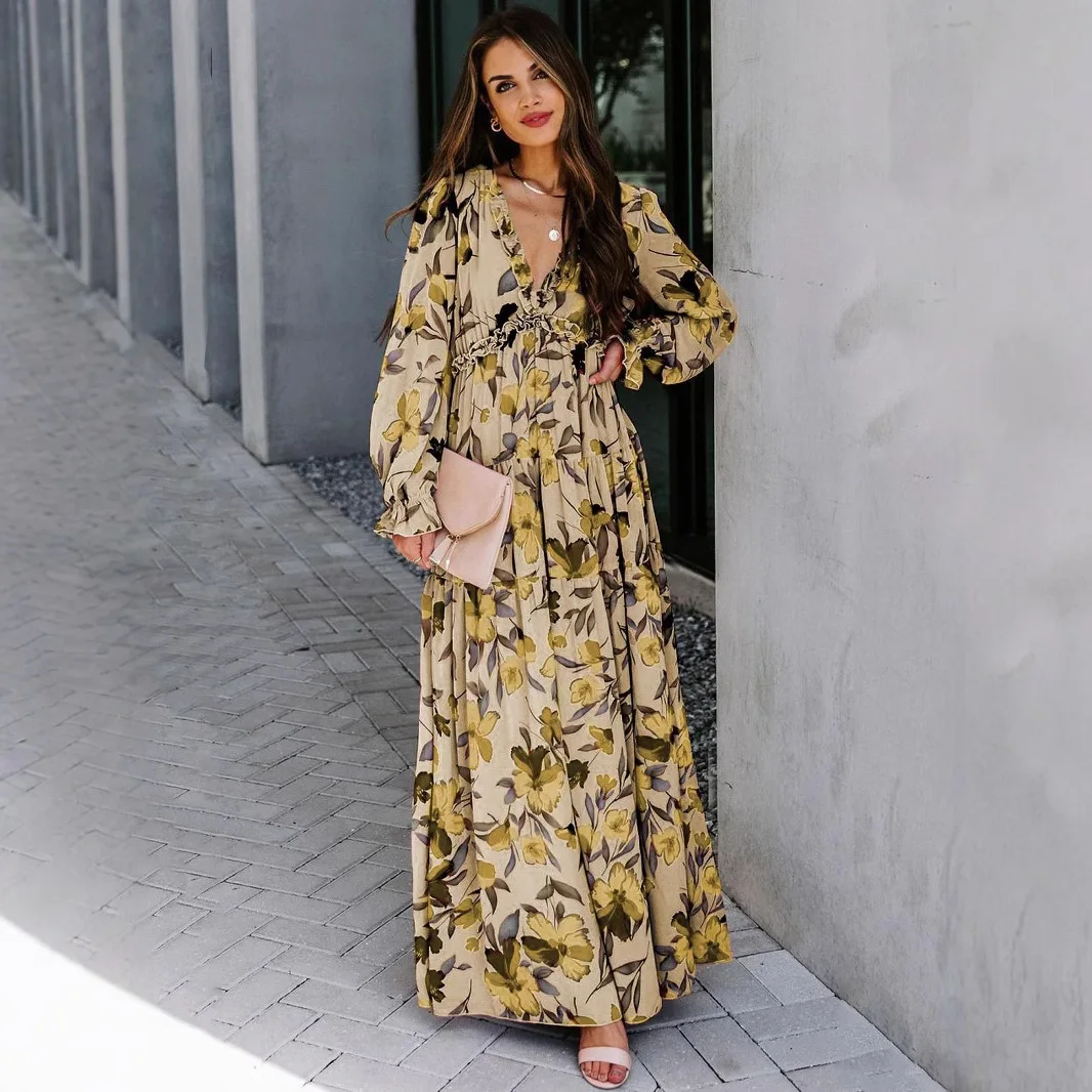 Abito da donna con stampa floreale bohémien vintage, abito lungo con scollo a V e volant a maniche lunghe in vita smock, abito da festa da spiaggia a strati fluido