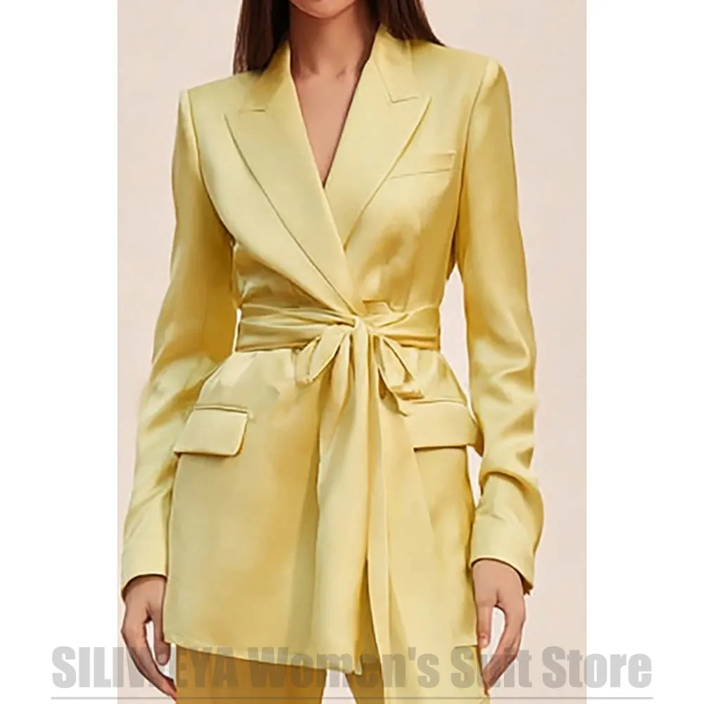 Yellow Satin Women Suit Belted Wrap Blazer with Wide Leg Pants Chic Wedding Cocktail Evening Party Formal Outfit Two Piece
