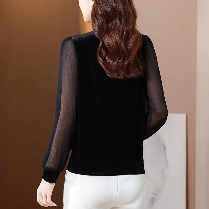 Sexy Sheer Mesh Elegant V-neck Lace Basic Ladies Tops Spring Korean Fashion Rhinestone Long Sleeve Slim T Shirt Women's Clothing