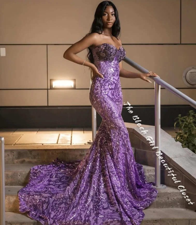 Sparkling Lilac Purple Sexy Prom Dresses Sexy Sheath 2024 Black Girls Diamonds Sequins Applique Birthday Party Evening Gowns