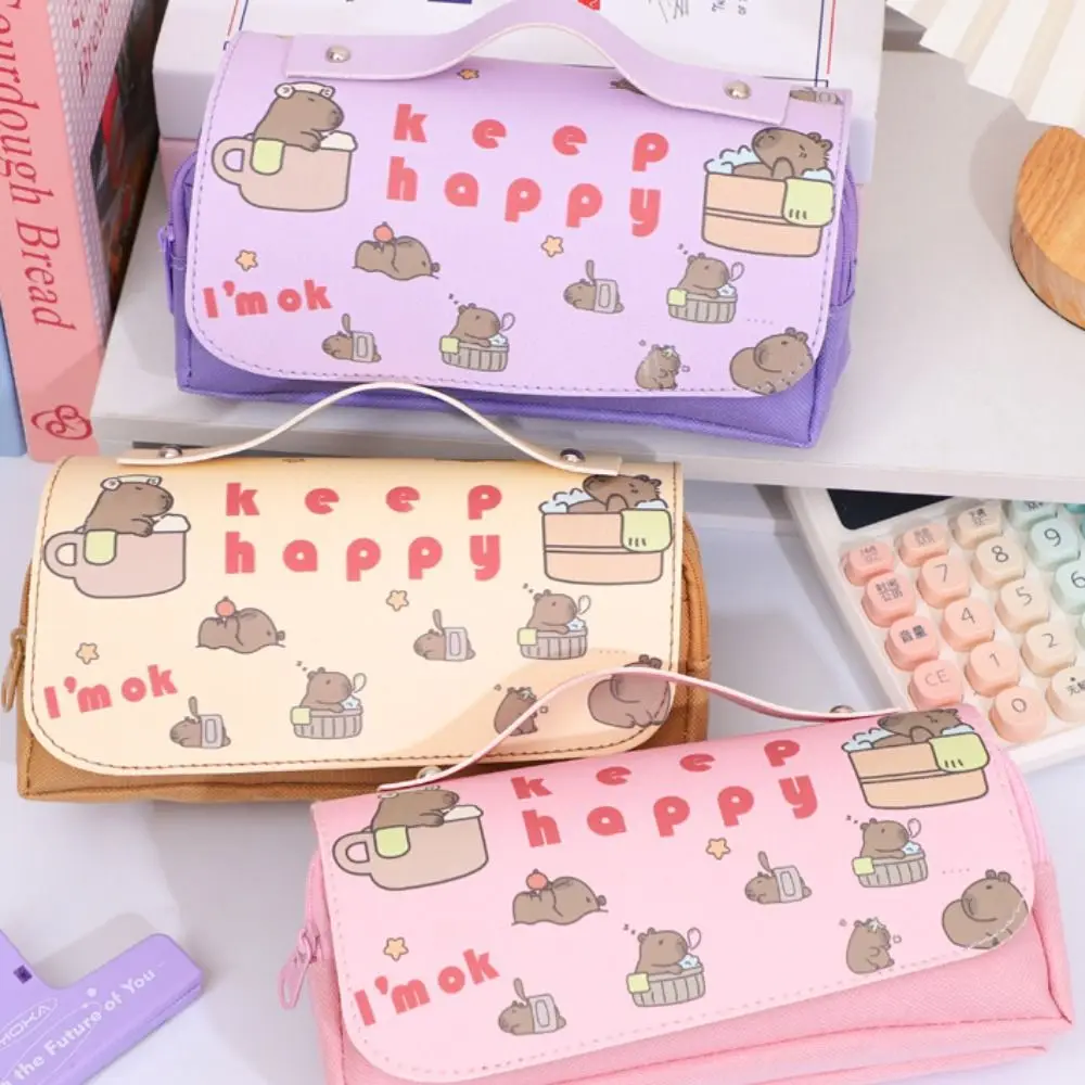 PU Capybara Pen Bag Multi-layer Organizer Kapibara Pencil Case Simple Dirt Resistant Large Capacity Pencil Bag Student Learning