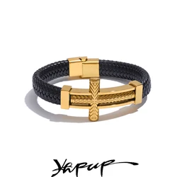 Yhpup 67mm Men Vintage Stainless Steel Metal Cross Wide Bracelet Bangle Handmade Braided Waterproof Jewelry Accessories ift