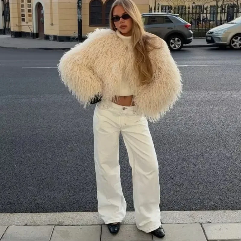 Talenza Women Short Fake Fur Coat Solid Loose Elegant Warm Thickened Coat Round Neck Long Sleeve Cardigan Female Retro Fur Coat