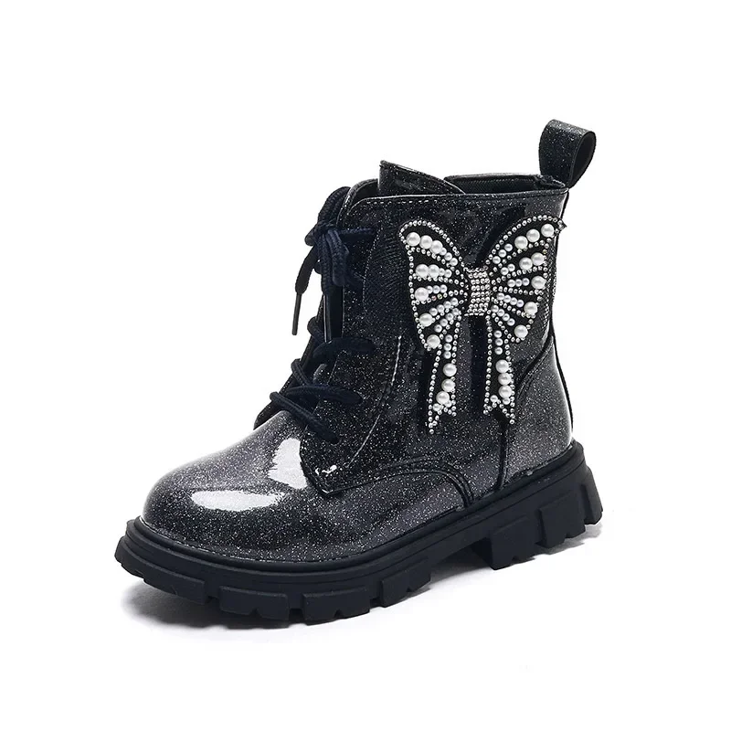 

Girls Ankle Boots Black Shine PU Waterproof Butterfly Pearls Chic Unique Kids Fashion Princess Boots for Catwalk Children 2024