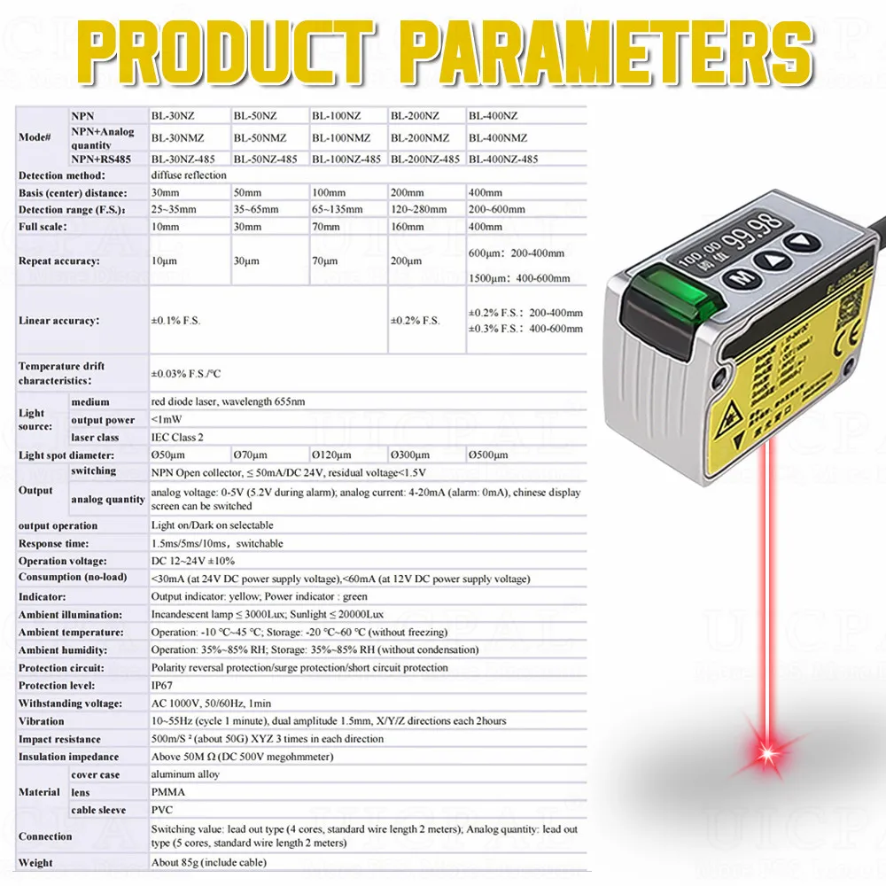 Laser Displacement Distance Sensor Thickness Measurement Height Sensor High Precision 0.002mm Analog 485 Output Transmitter